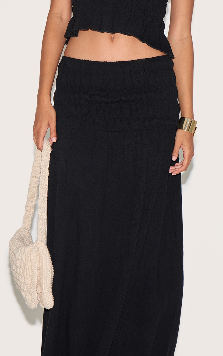 Black Shirred Linen Look Panel Mid Rise Maxi Skirt image 4