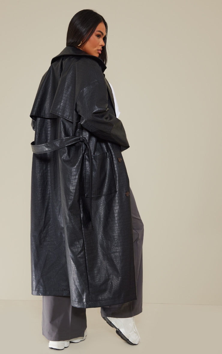 Trench Noir En Similicuir Croco Oversize ?? Double Boutonni?�re | PrettyLittleThing FR
