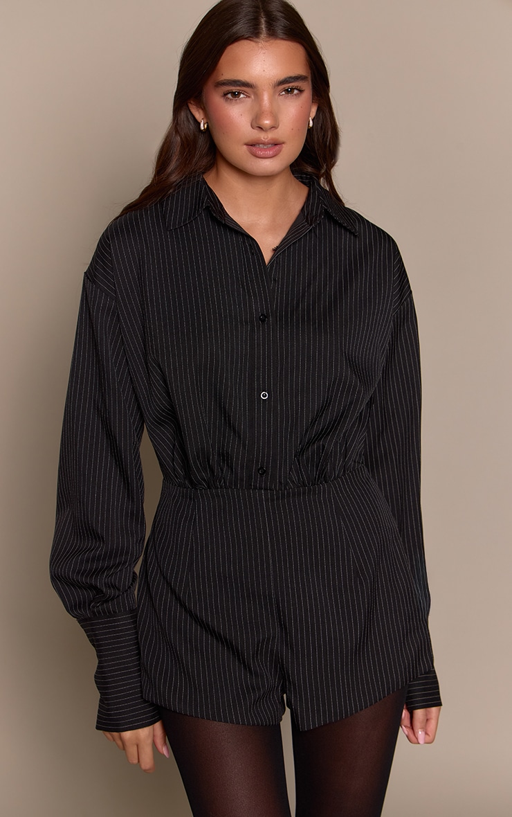 Black Woven Pinstripe Long Sleeve Button Up Romper