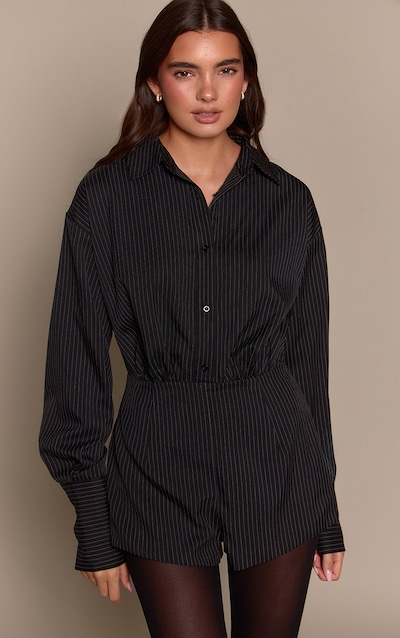Black Woven Pinstripe Long Sleeve Button Up Playsuit