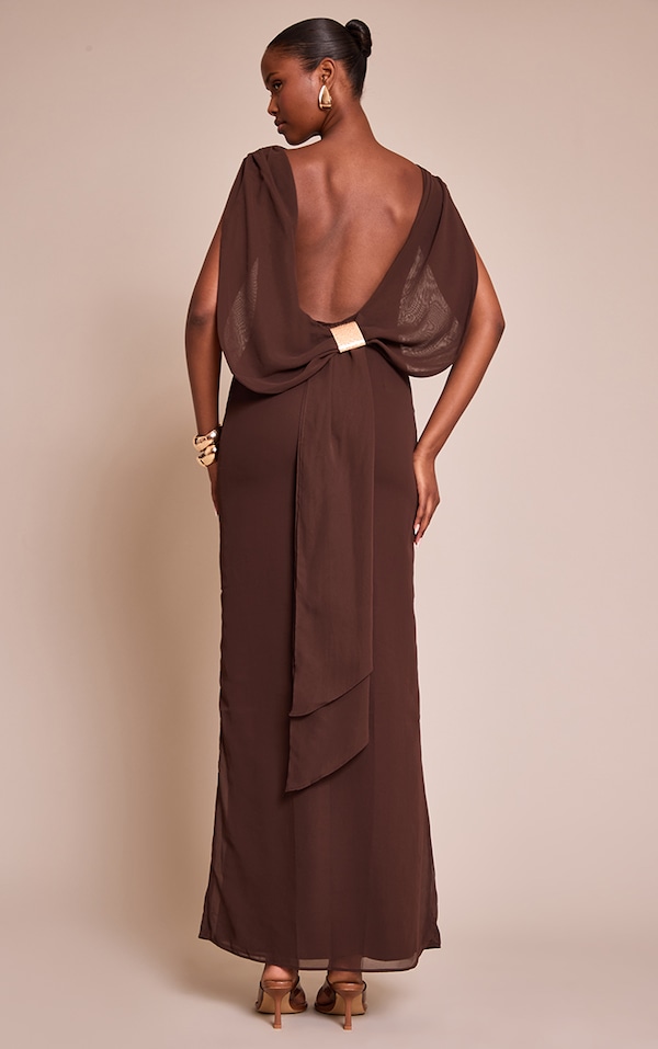 Chocolate Boat Neck Back Cowl Trim Detail Maxi Dress