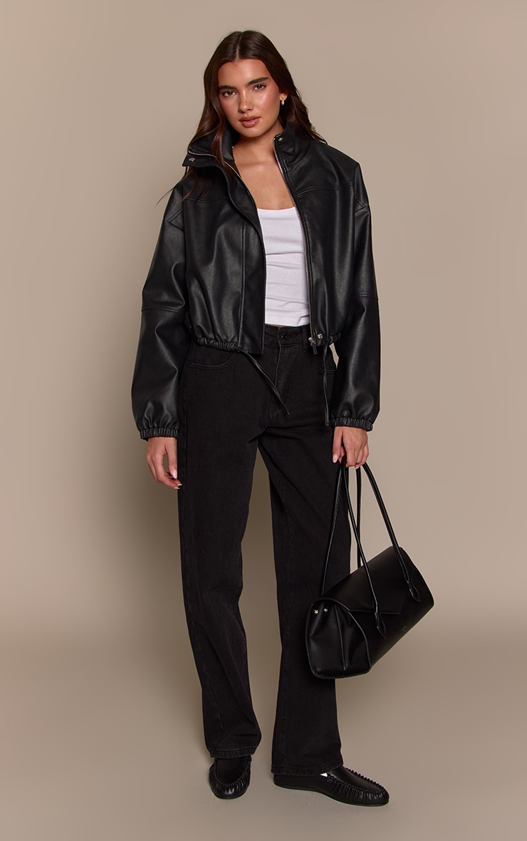 Black PU Bubble Hem Funnel Neck Jacket image 3