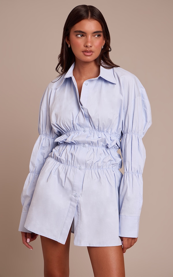 Blue Ruched Long Sleeve Shirt Dress