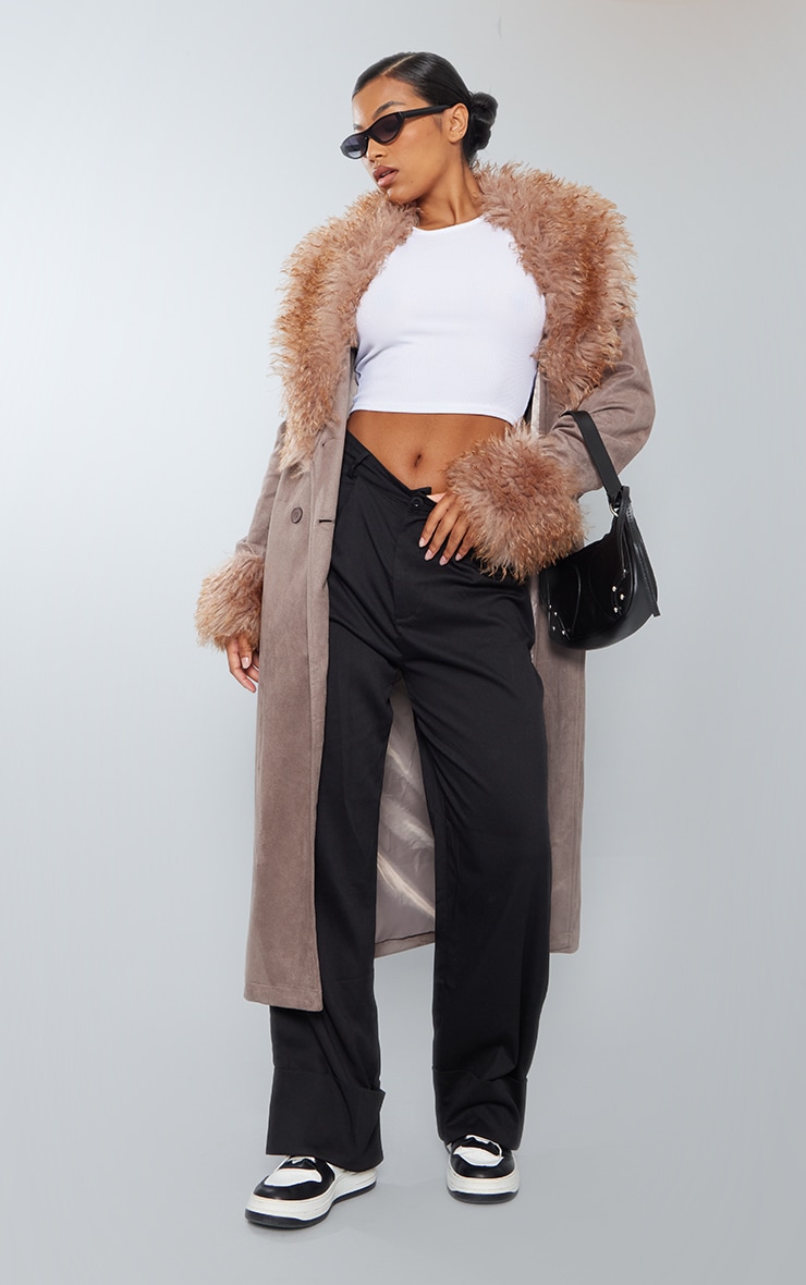 Light Mocha Faux Fur Trim Faux Suede Belted Trench Coat image 1
