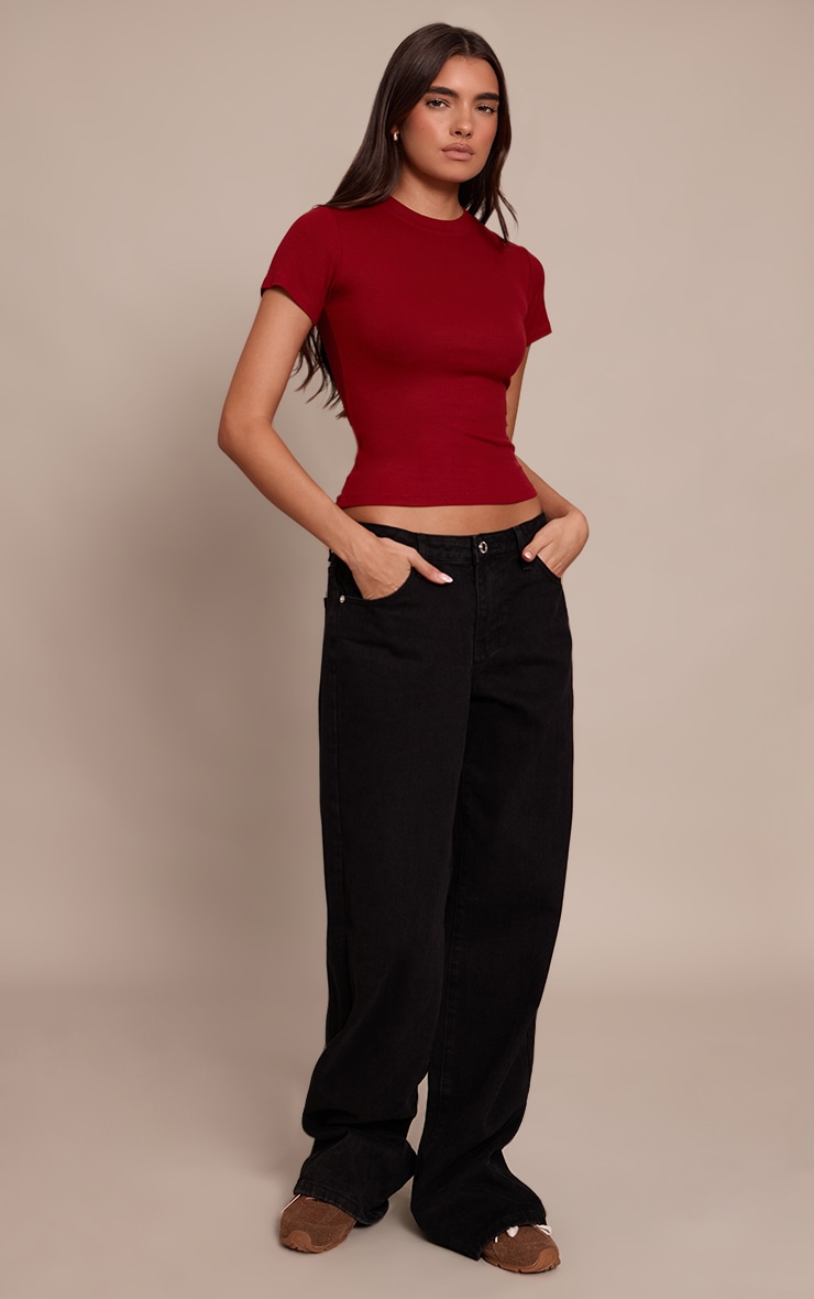 Deep Red Soft Rib Crew Neck Short Sleeve Top image 3