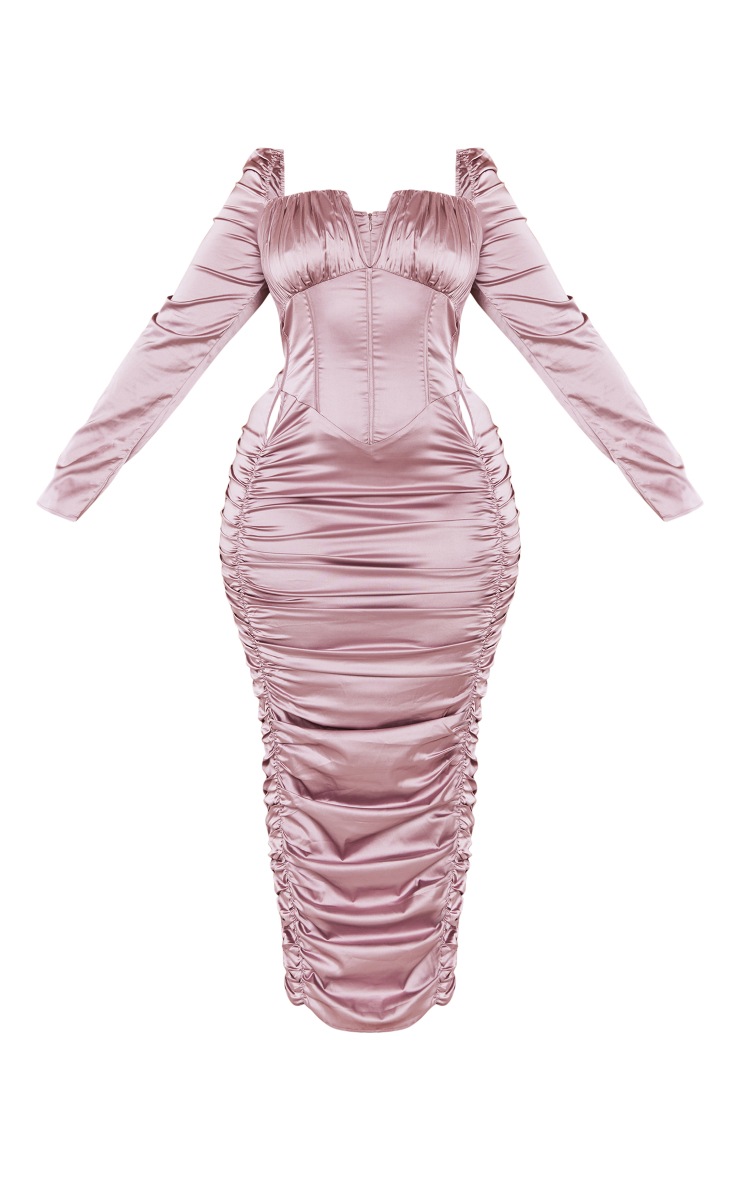 Plus Mauve Ruched Corset Satin Midi Dress image 5