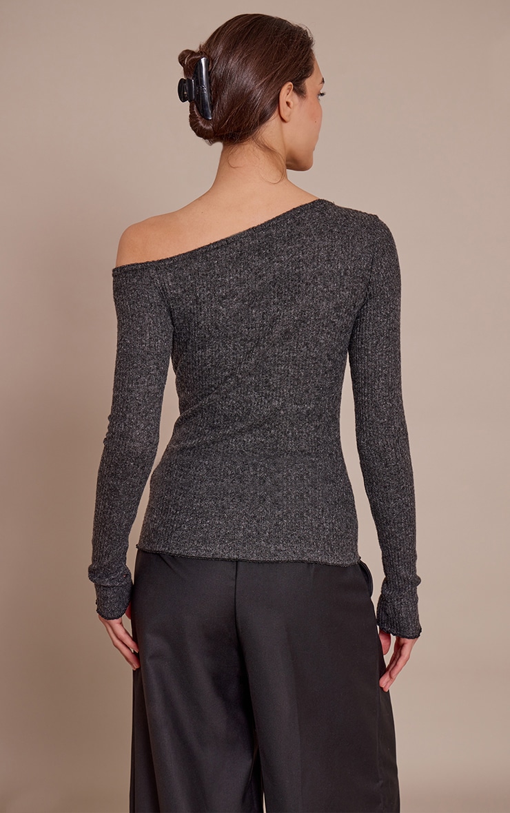 Charcoal Marl Soft Brushed Rib Asymmetric Long Sleeve Top  image 2