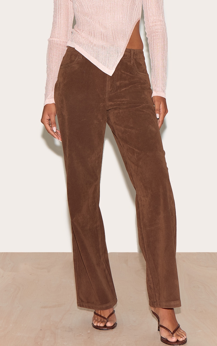 Dark Chocolate Faux Suede Mid Rise Straight Leg Pants image 2