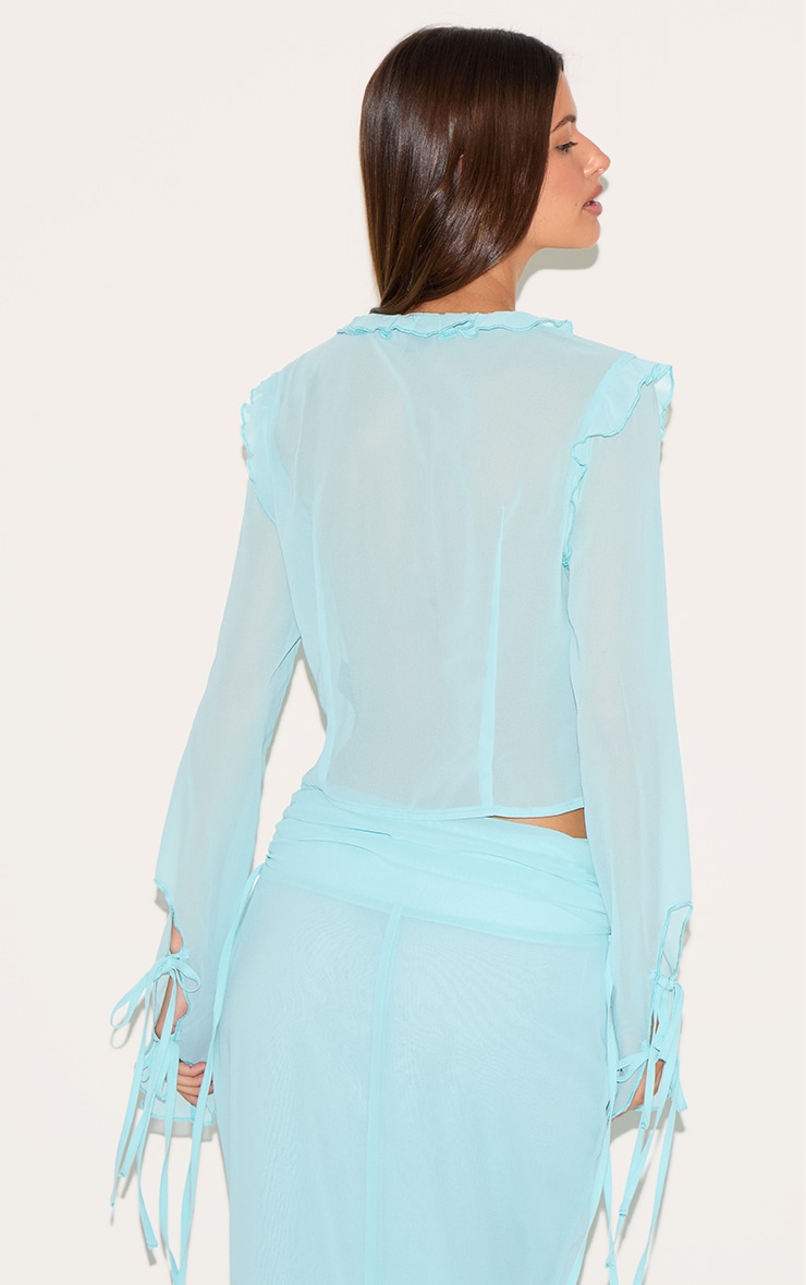Aqua Chiffon Ruffle Tie Front Blouse image 2