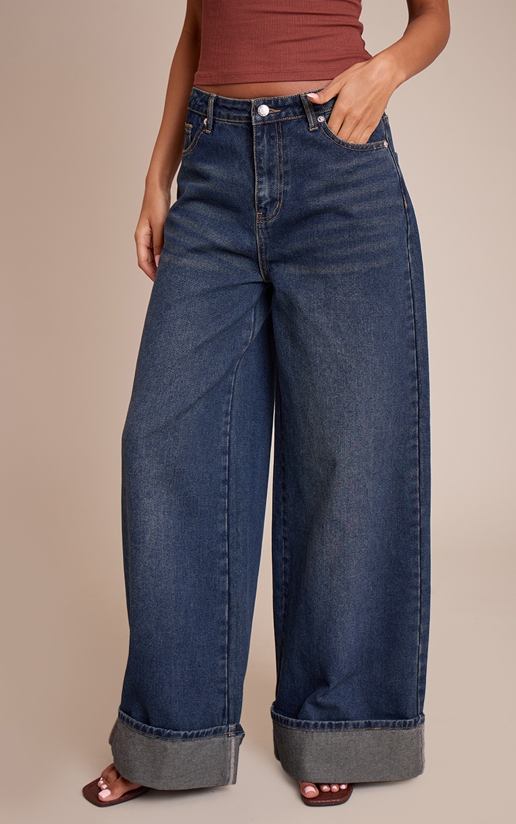 Tall Dark Indigo Mid Rise Turn Up Wide Leg Jeans image 2