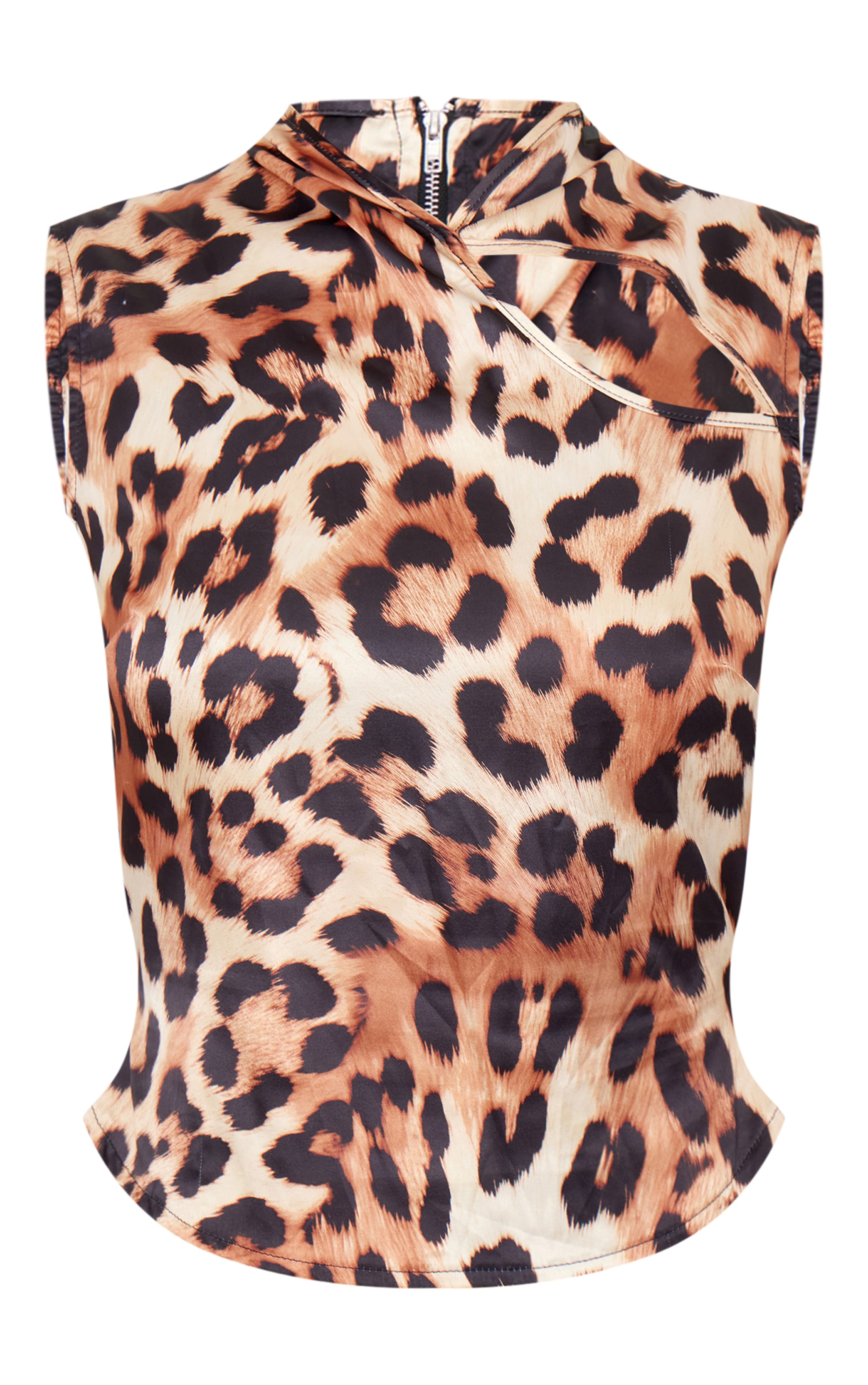 Brown Leopard Print Satin High Neck Cut Out Long Top image 5