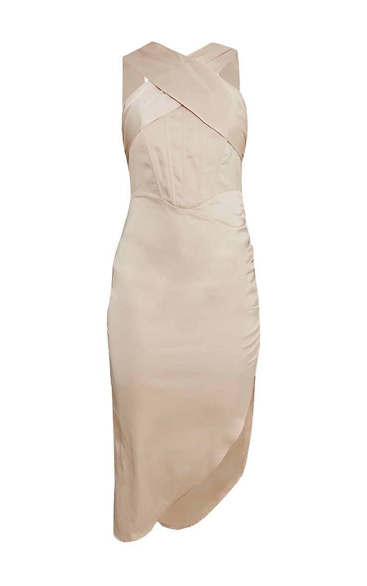 Champagne Satin Corset Detail Cross Neck Midi Dress image 5