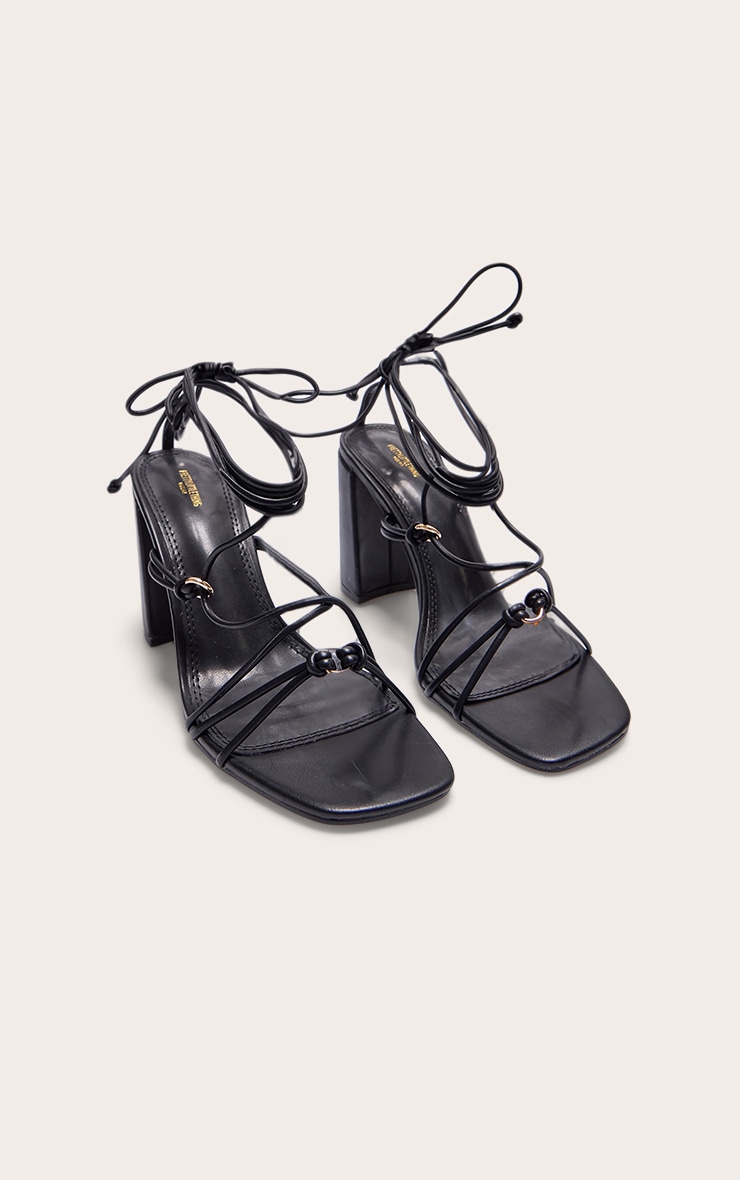 Black Wide Fit PU Square Toe Lace Up Block Heeled Sandals image 3