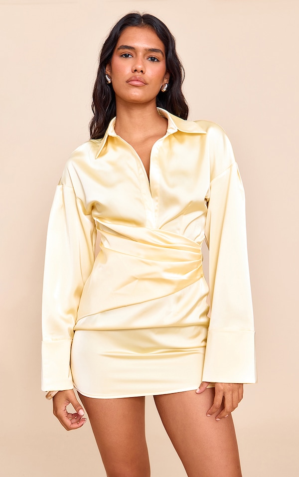Butter Yellow Premium Satin Bell Sleeve Shirt Dress