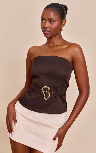 Chocolate Woven Belted Trim Detail Bandeau Top