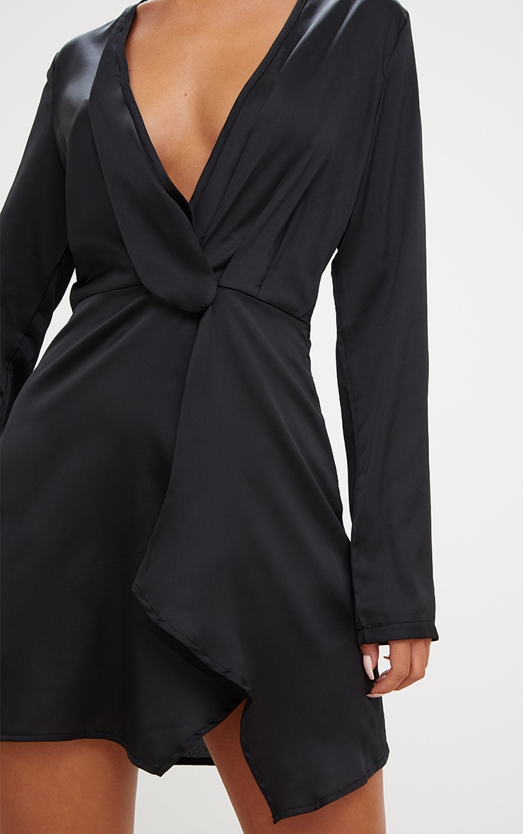 Black Satin Long Sleeve Wrap Dress. Dresses PrettyLittleThing USA