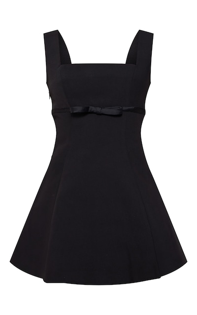 Pre-Order Black Stripe Detail Polo Collar Half Buttons Tied Short Sleeve Shift Mini Dress