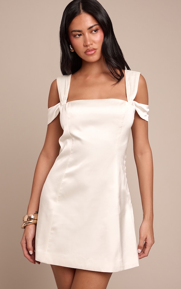 Cream Satin Strappy Shift Dress
