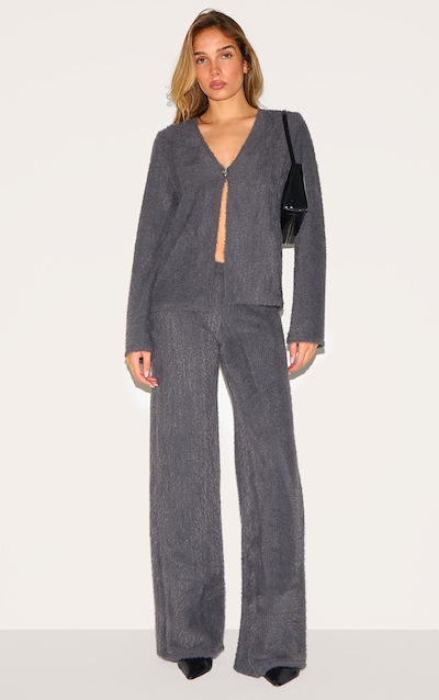 Charcoal Textured Wide Leg Low Rise Pants