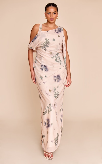 Plus Sand Abstract Printed Chiffon Draped Maxi Dress