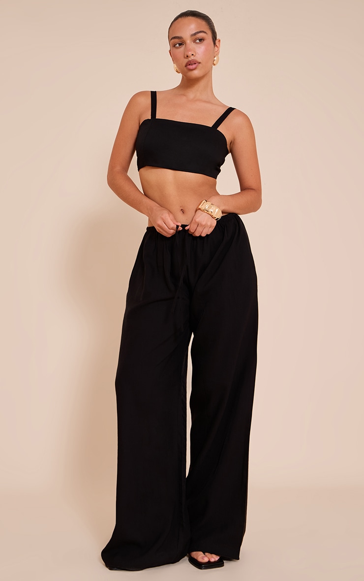 Black Textured Wide Leg Draw String Pants image 1