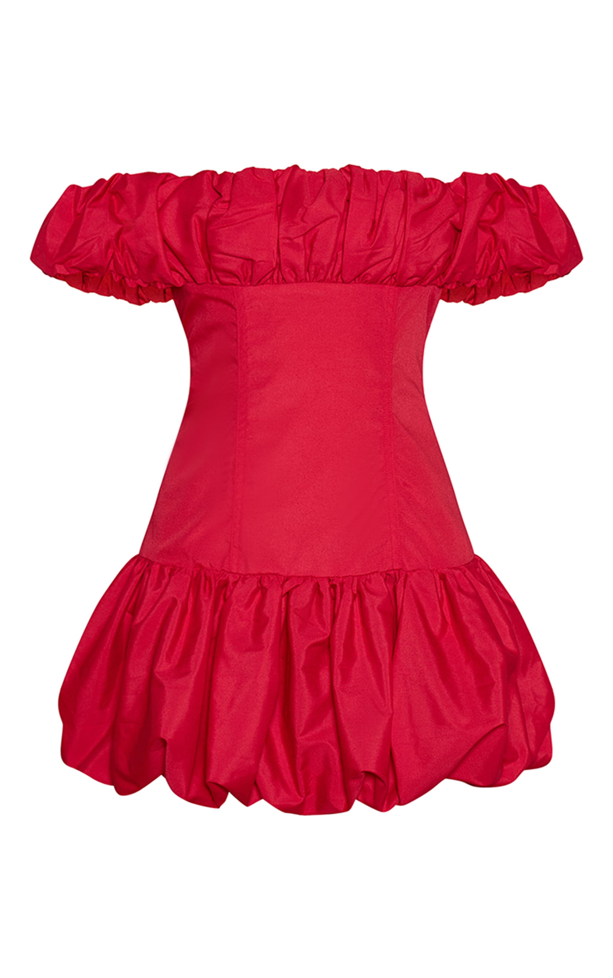 Red Ruched Bardot Puff Hem Bodycon Dress image 5