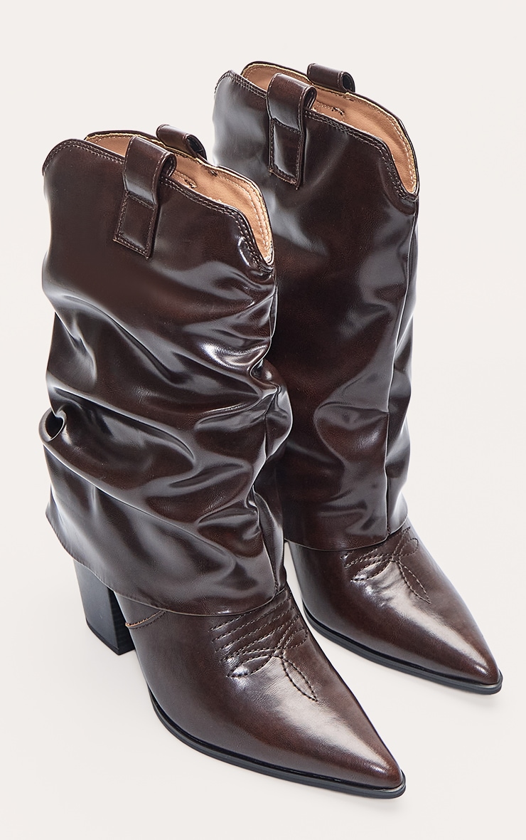 Chestnut PU Point Toe Fold Over Western Heeled Ankle Boots image 5