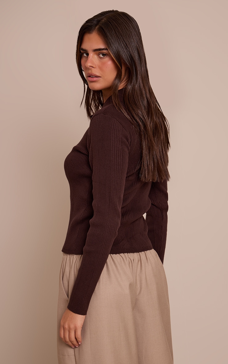 Chocolate Ribbed Knit Long Sleeved Polo Top image 2