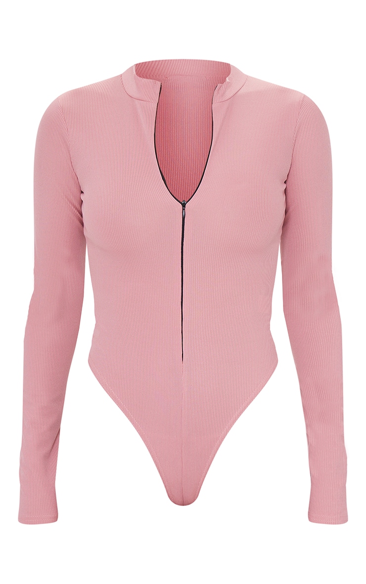 Dusty Rose Rib Zip Up Long Sleeve Bodysuit PrettyLittleThing QA