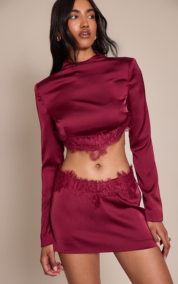 Burgundy Satin Lace Trim High Neck Long Sleeve Top 
