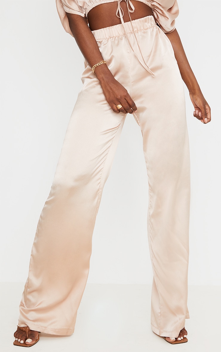 Tall Champagne Satin High Waisted Ruched Wide Leg Pants image 2
