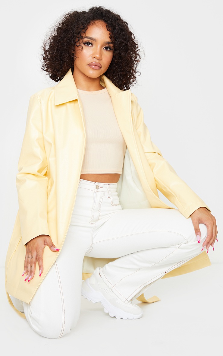 Ecru Faux Leather Long Line Tie Waist Jacket