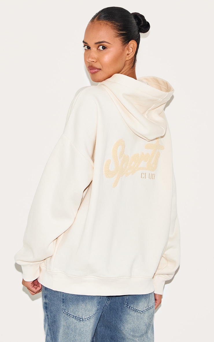 Oatmeal Oversized Sports Borg Applique Hoodie image 2