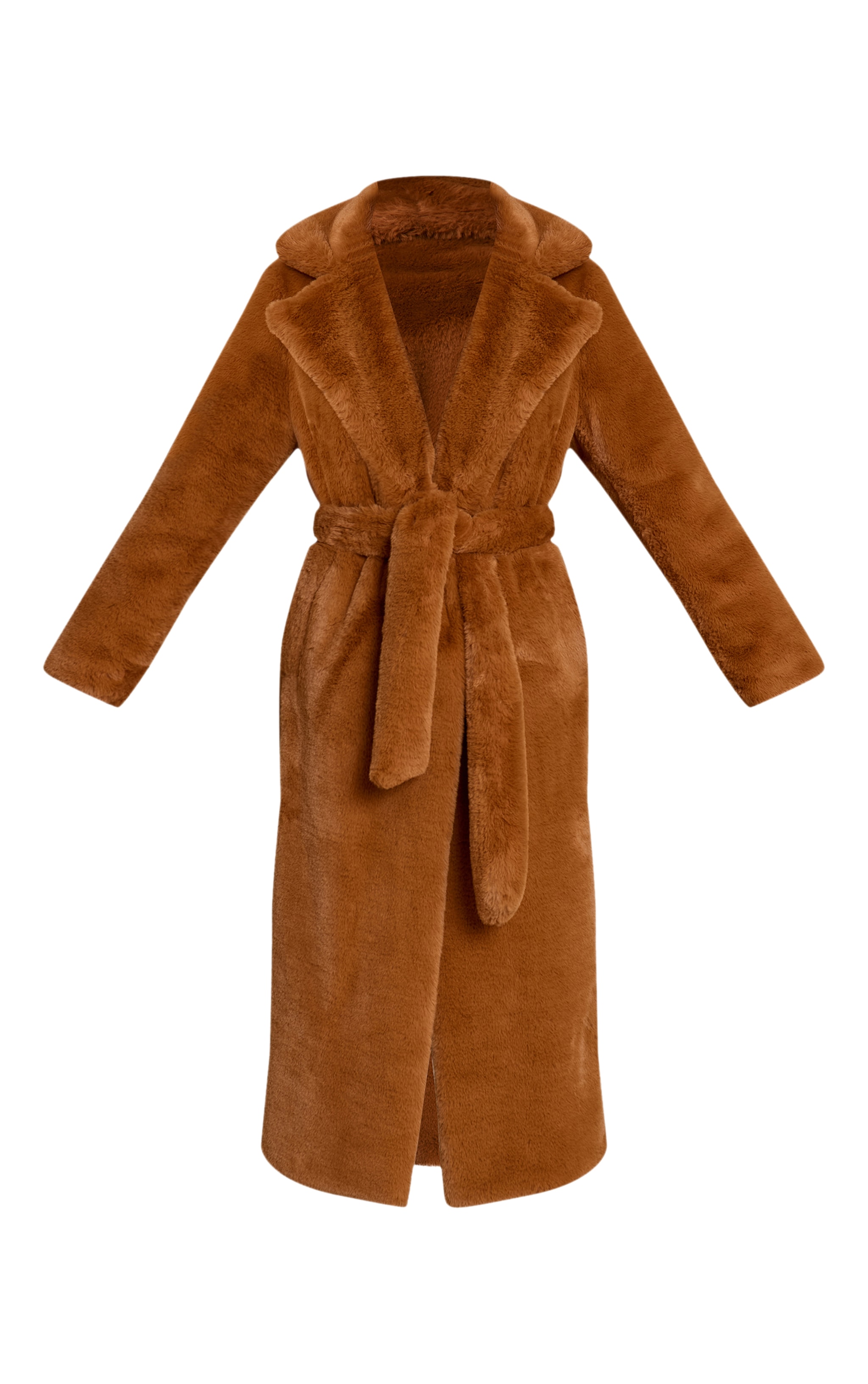 Camel Faux Fur Tie Waist Maxi Coat image 5