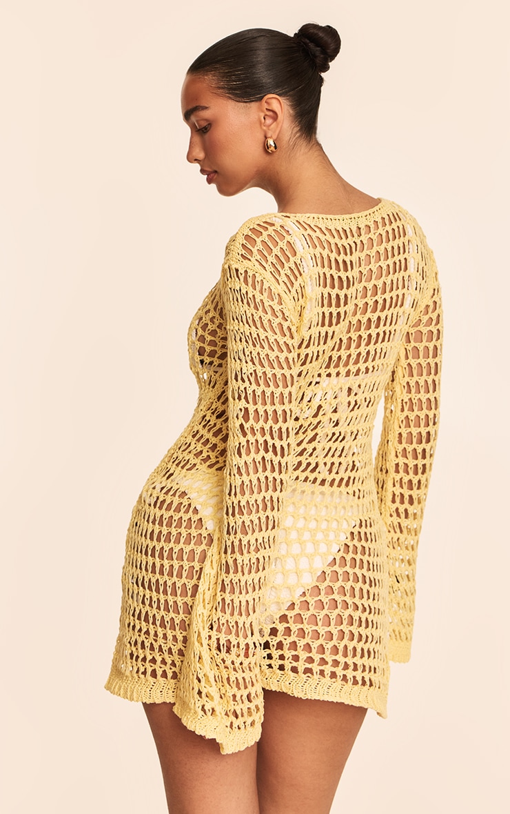 Butter Yellow Crochet Long Sleeve Beach Mini Dress image 2