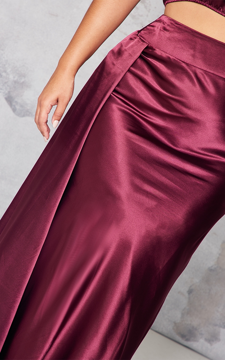 Plus Burgundy Satin Drape Detail Side Split Maxi Skirt image 4