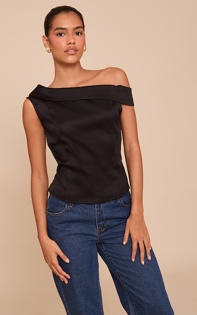 Black Asymmetric Fold Over Detail Top