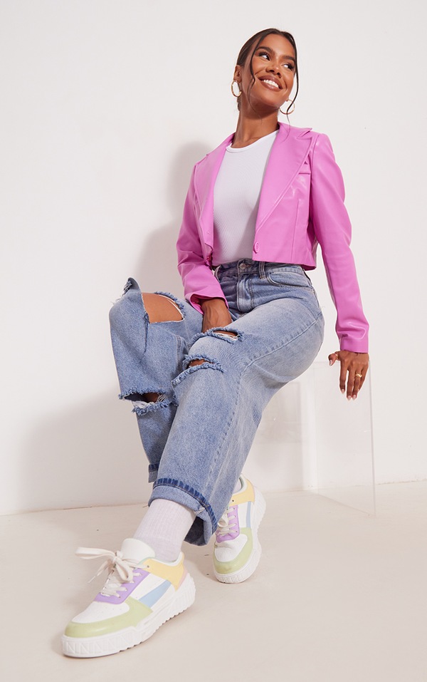 Pink Faux Leather Crop Shoulder Pad Blazer PrettyLittleThing USA