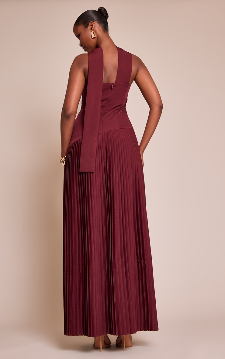 Wine Woven Asymmetric Pleated Maxi Dress image 2