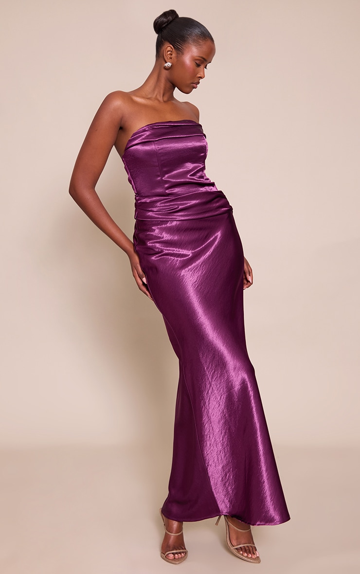 Purple Pleat Bust Detail Bandeau Maxi Dress image 3
