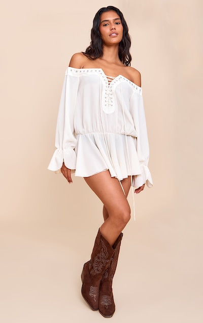 Cream Chiffon Long Sleeve Bardot Floaty Romper