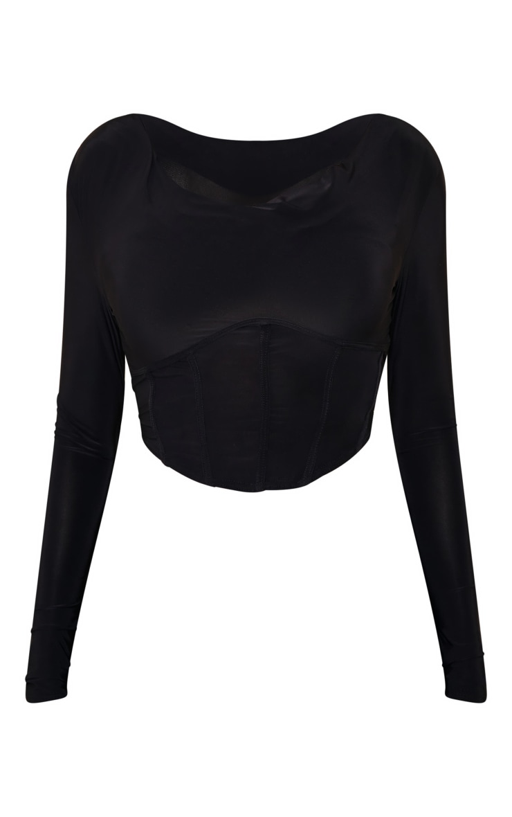 Black Plunge Neck Corset Long Sleeve Crop Top PrettyLittleThing USA