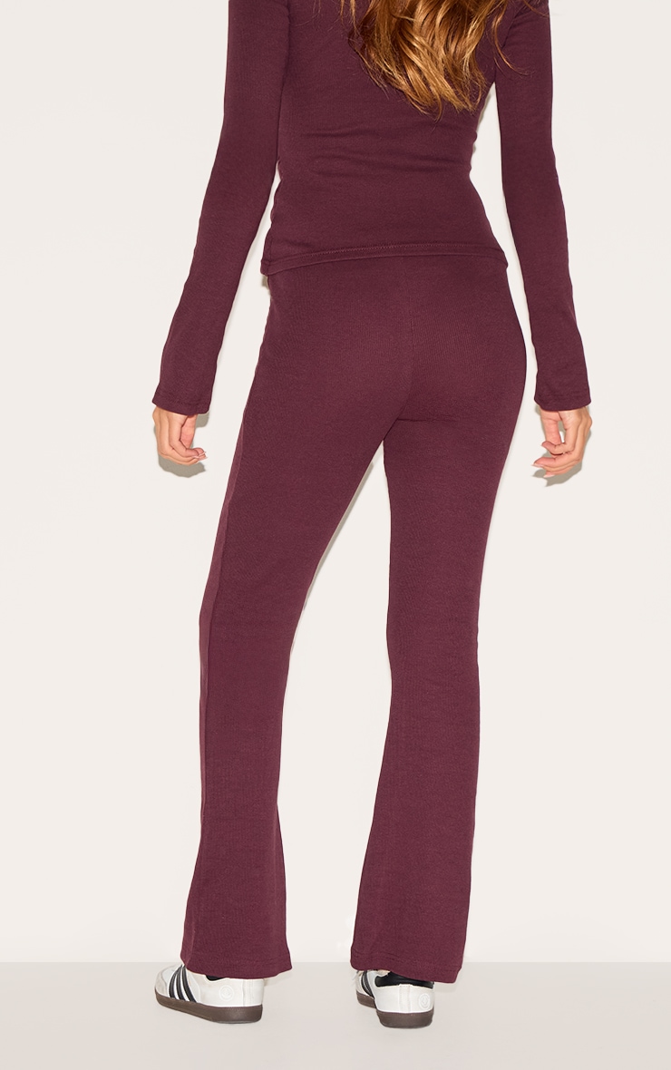 Plum Ribbed Elasticated Skinny Flare Pants image 3