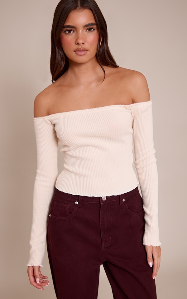 Cream Brushed Rib Bardot Fitted Long Sleeve Top 