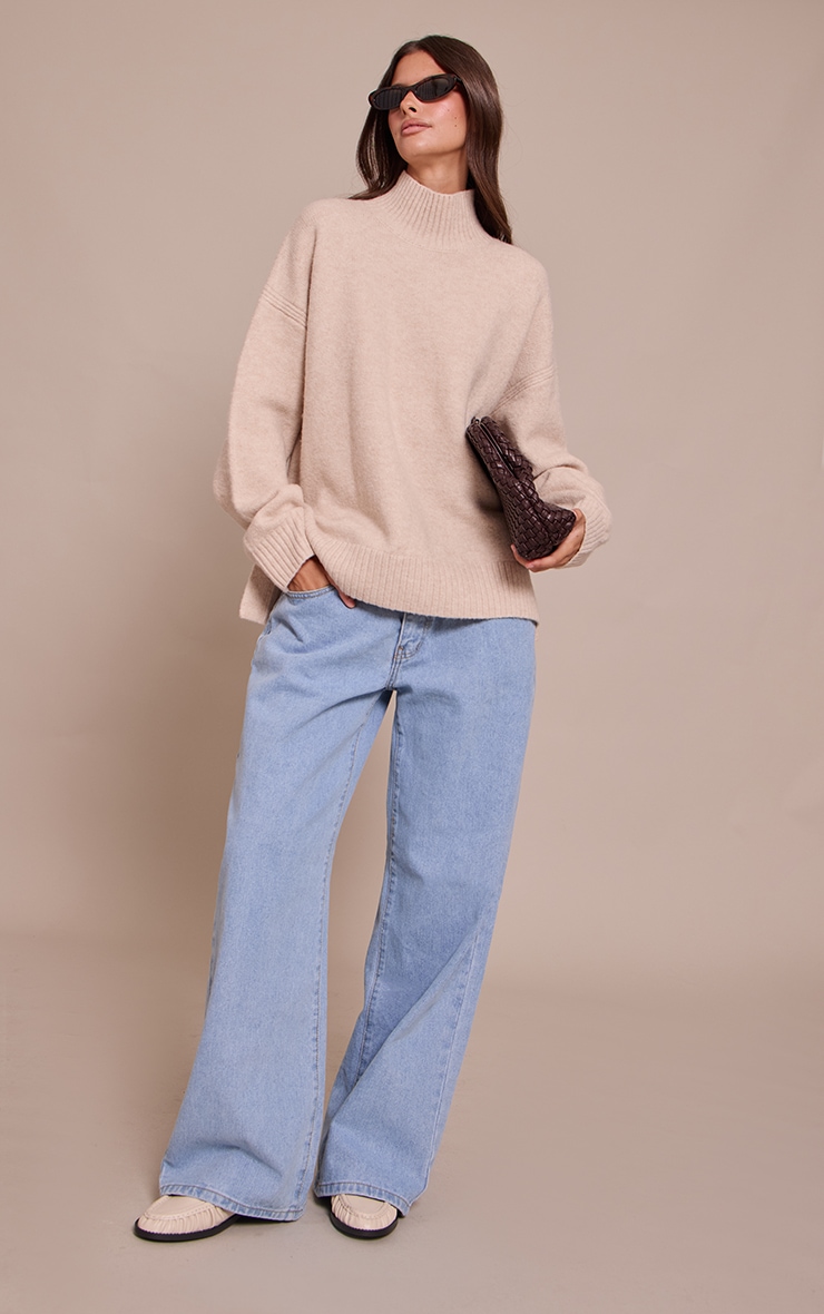 Oatmeal Oversized Polo Neck Knitted Sweater image 3