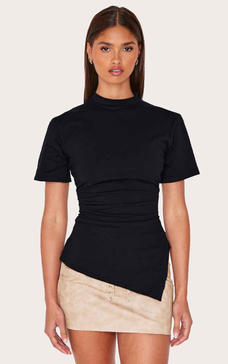 Black Cotton Ruched Side Asymmetric Hem T-shirt image 1