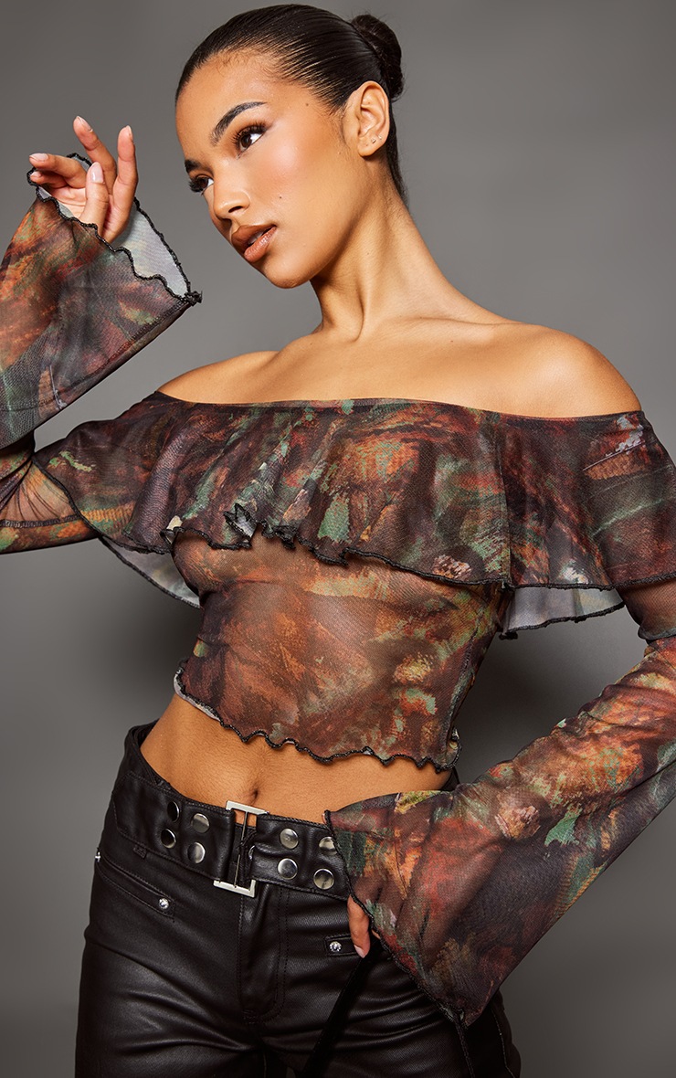 Multi Abstract Printed Bardot Ruffle Mesh Top