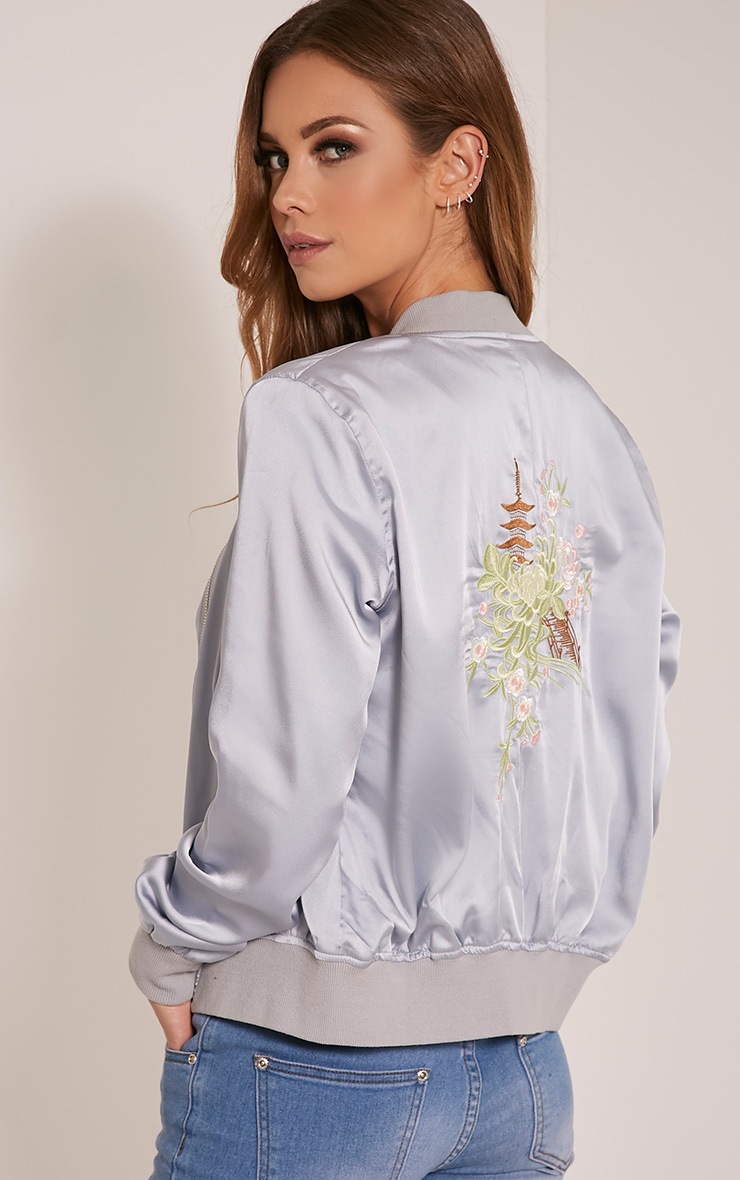 Mura Grey Satin Embroidered Bomber Jacket PrettyLittleThing USA