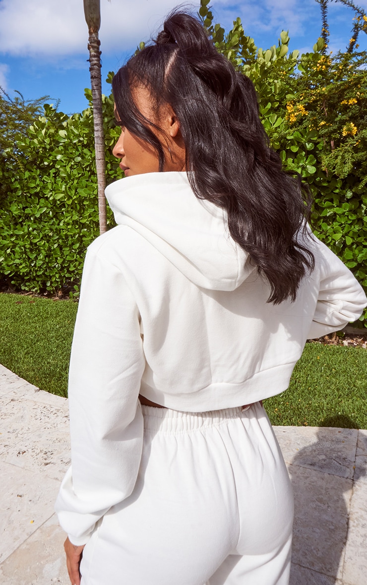 Plt Cream Cropped Embroidered Zip Hoodie PrettyLittleThing