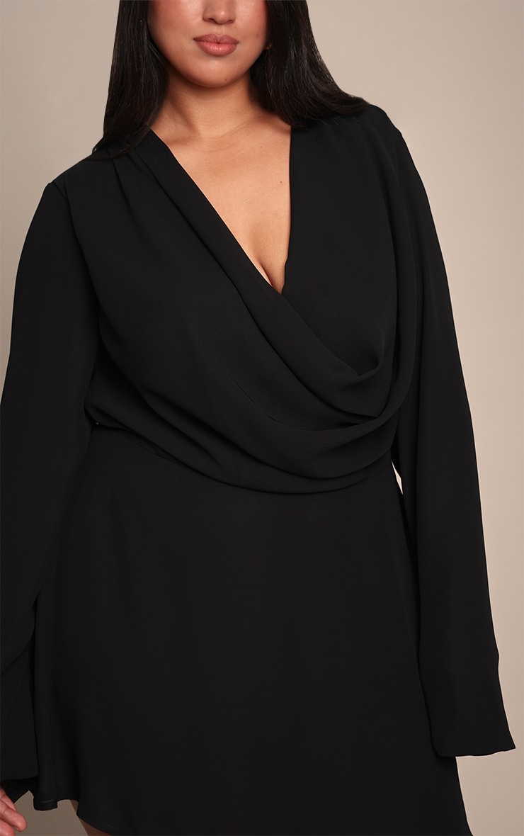 Plus Black Chiffon Cowl Neck Flute Sleeve Shift Dress image 4